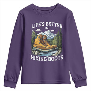 Hiking Youth Sweatshirt Life's Better in Hiking Boots TS09 Purple Print Your Wear