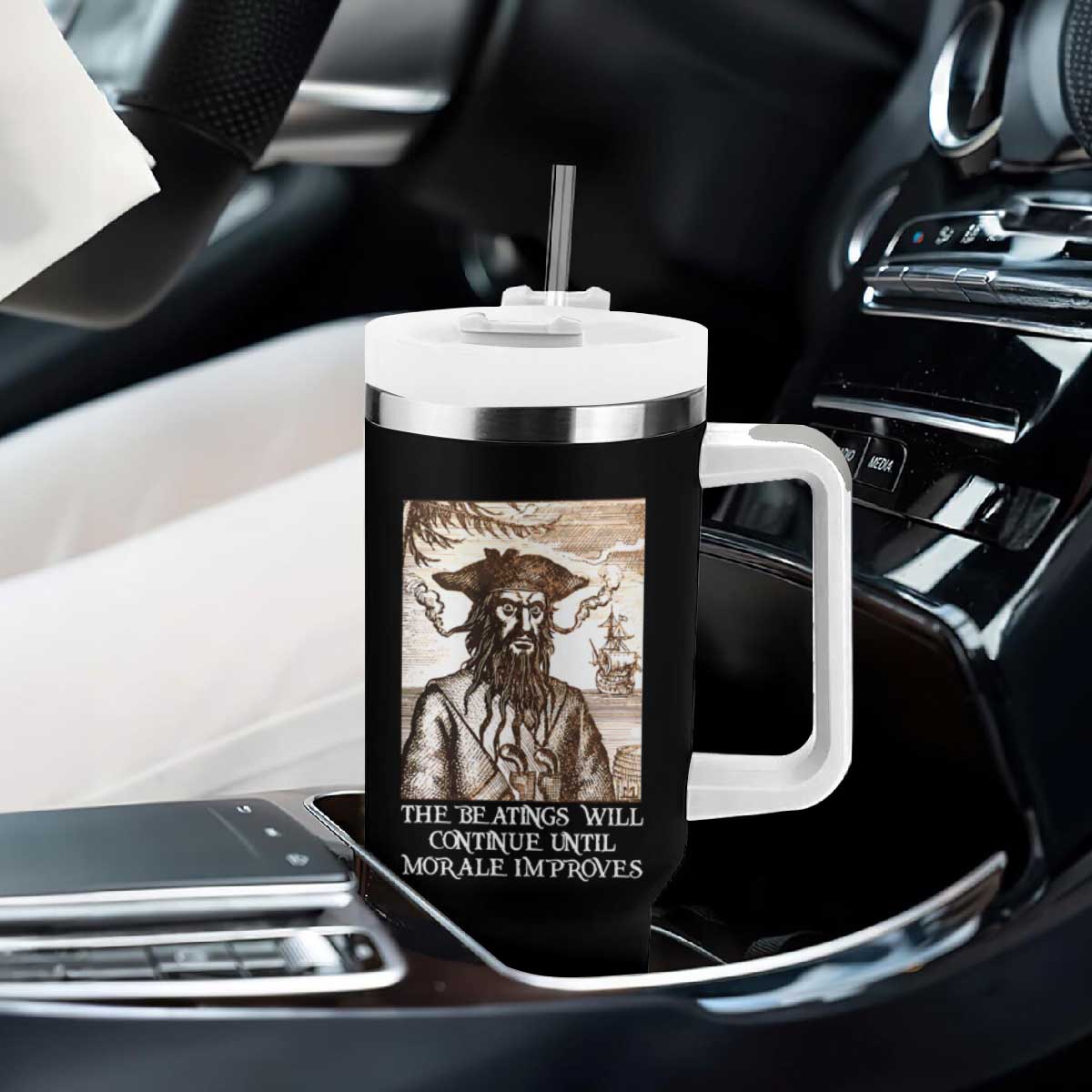 Funny Blackbeard Sarcastic Joke Tumbler With Handle The Beatings Will Continue until Morale Improves TS09 Print Your Wear