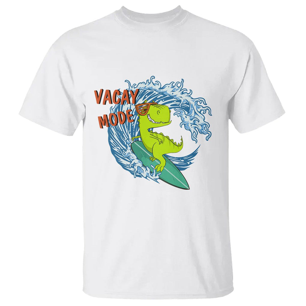 Summer Vacation T Shirt Vacay Mode Cute Dinosaur Surfing TS09 White Print Your Wear
