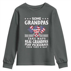 Funny Some Grandpas Take Naps Real Grandpas Play Pickleball Youth Sweatshirt TS09 Dark Heather Print Your Wear