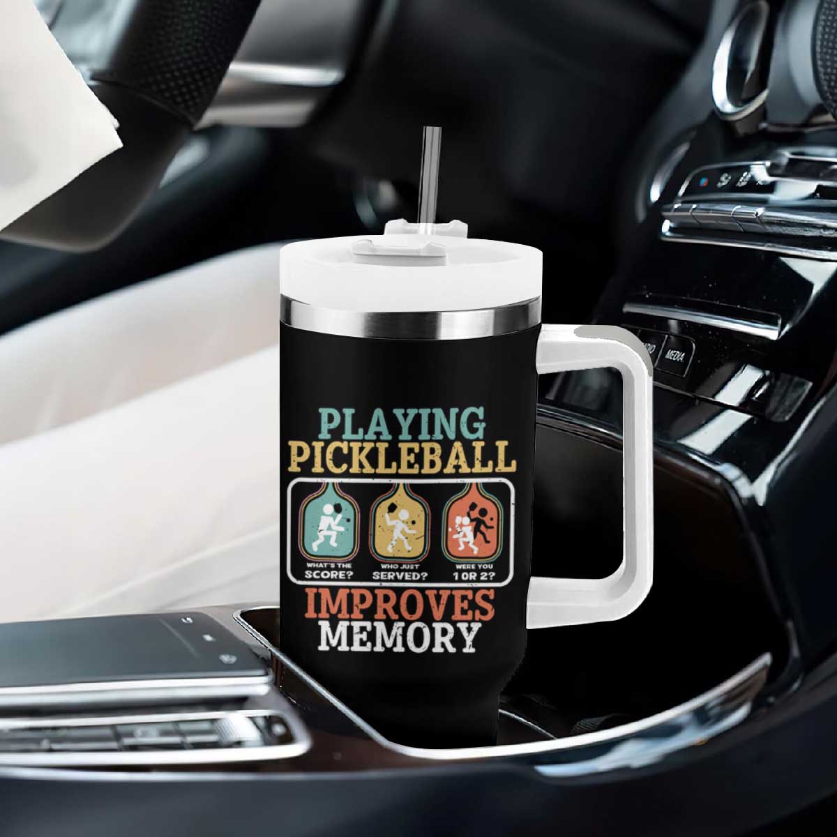 Funny Playing Pickleball Improves Memory Retro Tumbler With Handle TS09 Print Your Wear