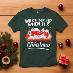 Cute Cat Wake Me Up When It's Christmas Chillin' T Shirt TS09 Dark Forest Green Printyourwear