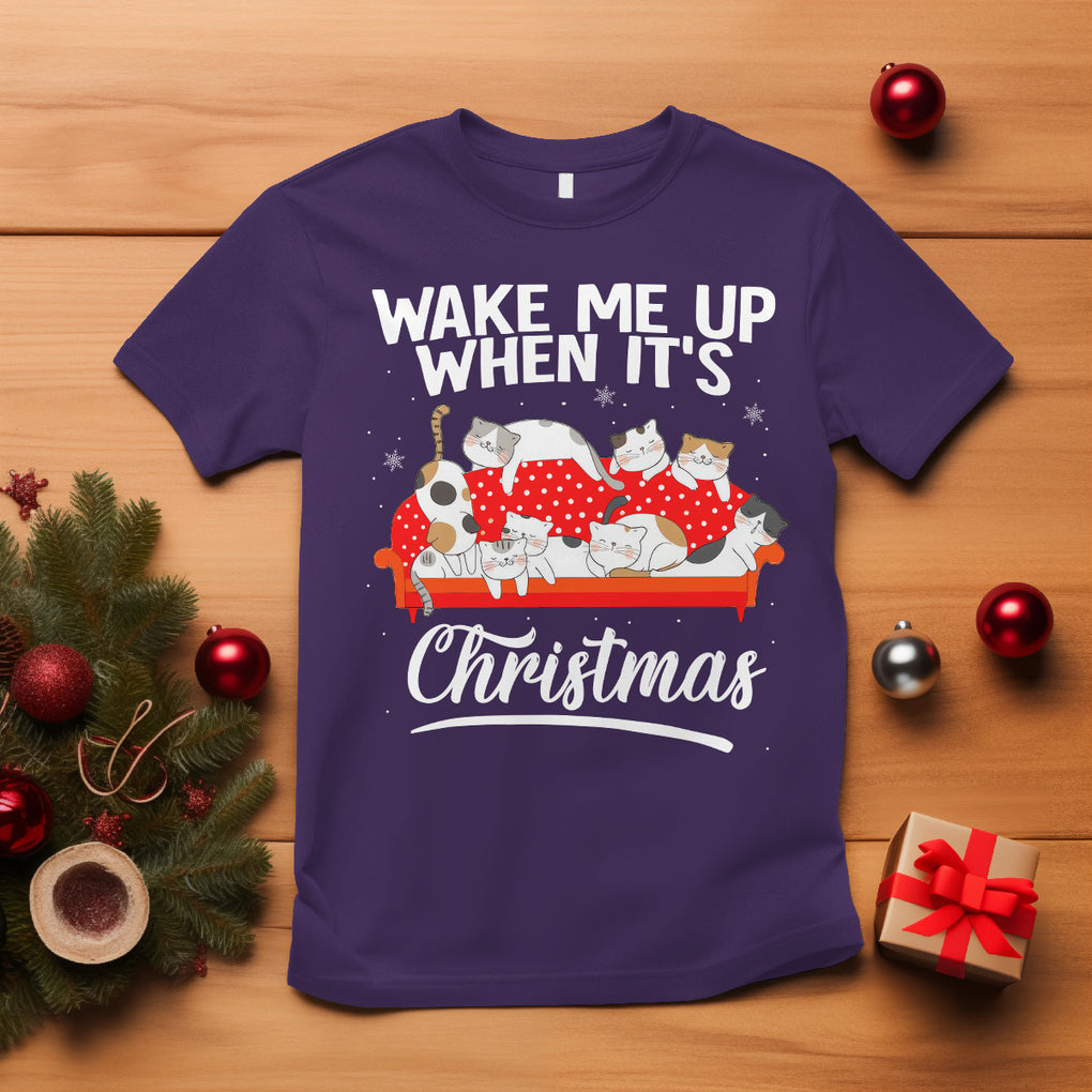 Cute Cat Wake Me Up When It's Christmas Chillin' T Shirt TS09 Purple Printyourwear
