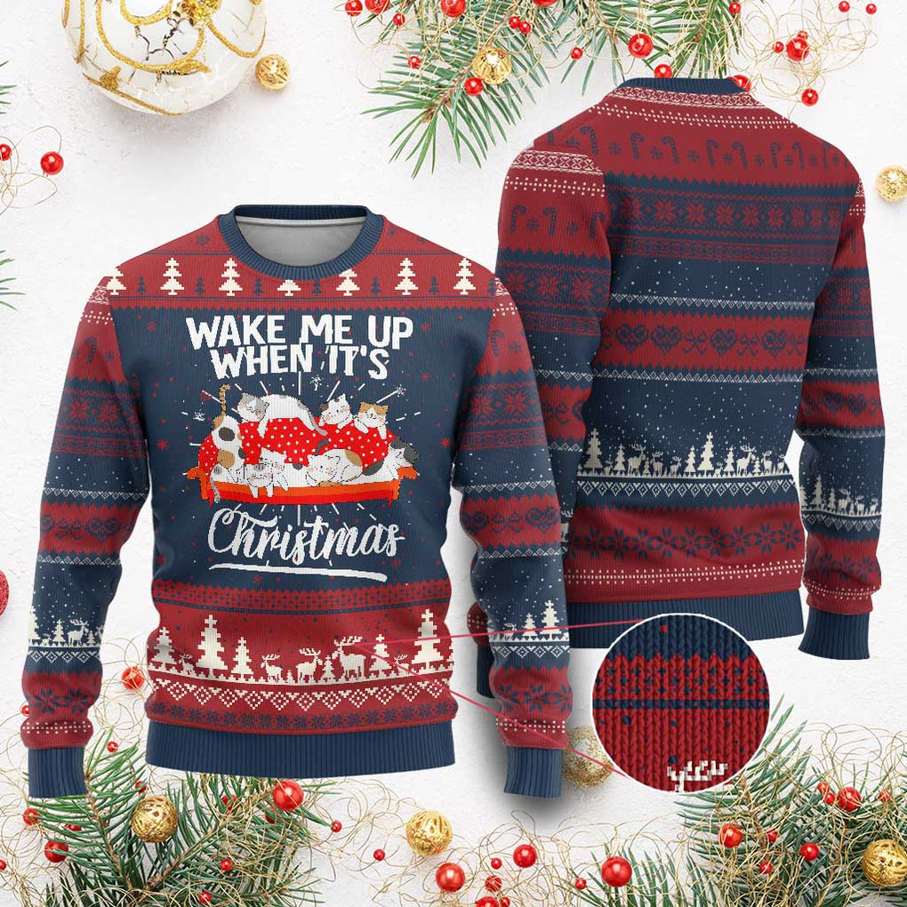 Cute Cat Wake Me Up When It's Christmas Chillin' Ugly Christmas Sweater TS09 Burgundy Print Your Wear