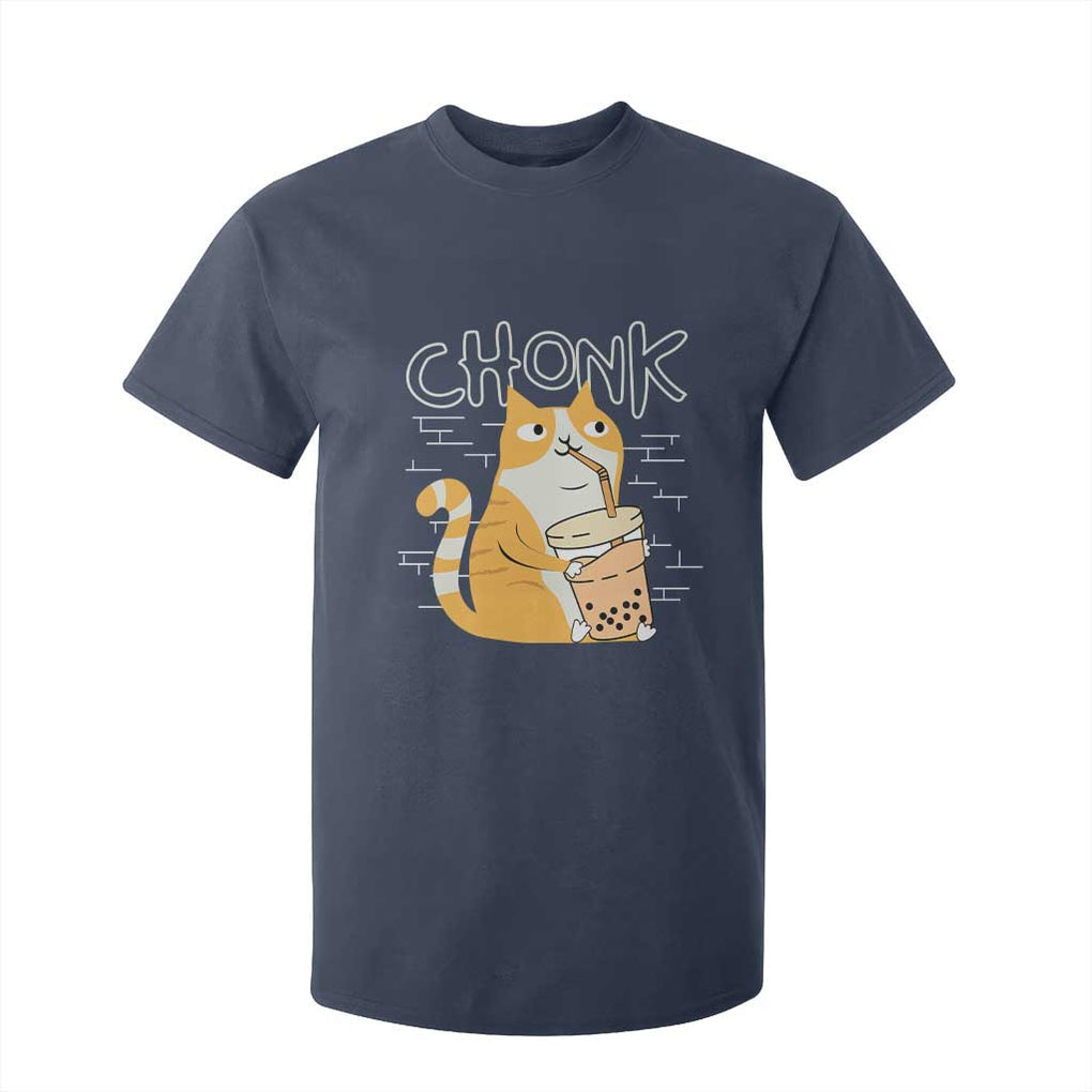 Funny Fat Cat T Shirt For Kid Chonk Drinking Bubble Tea TS09 Navy Print Your Wear