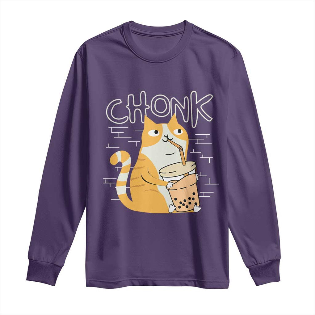 Funny Fat Cat Long Sleeve Shirt Chonk Drinking Bubble Tea TS09 Purple Print Your Wear