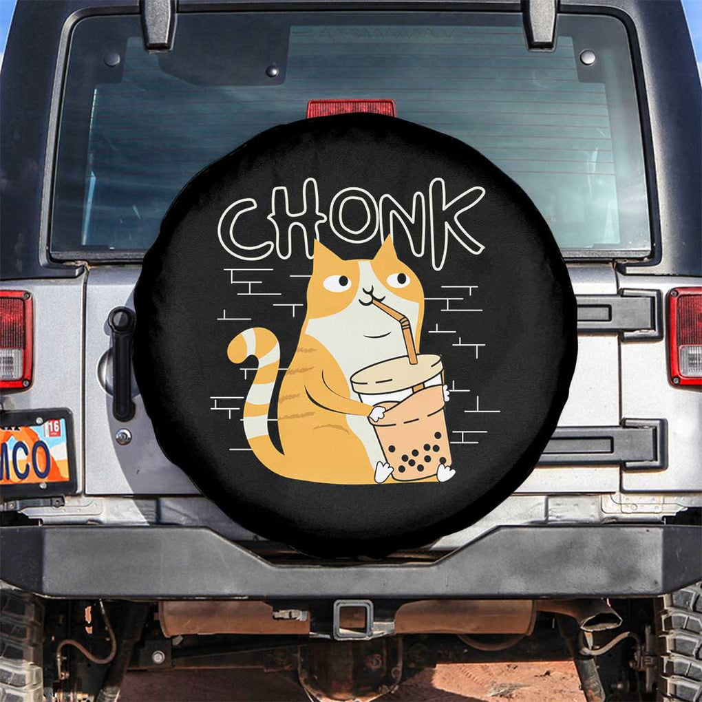 Funny Fat Cat Spare Tire Cover Chonk Drinking Bubble Tea TS09 No hole Black Print Your Wear