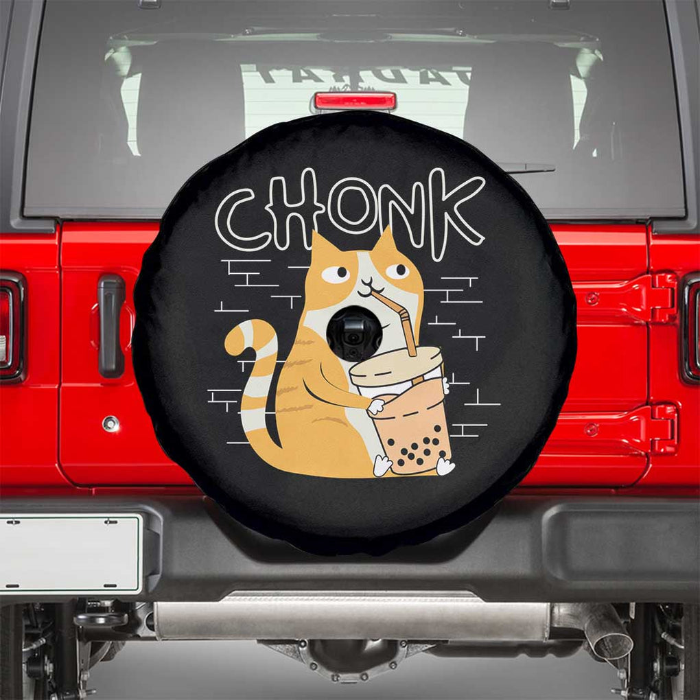 Funny Fat Cat Spare Tire Cover Chonk Drinking Bubble Tea TS09 Black Print Your Wear