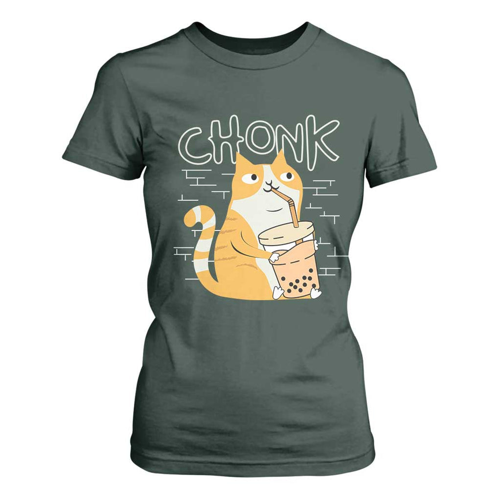 Funny Fat Cat T Shirt For Women Chonk Drinking Bubble Tea TS09 Dark Forest Green Print Your Wear