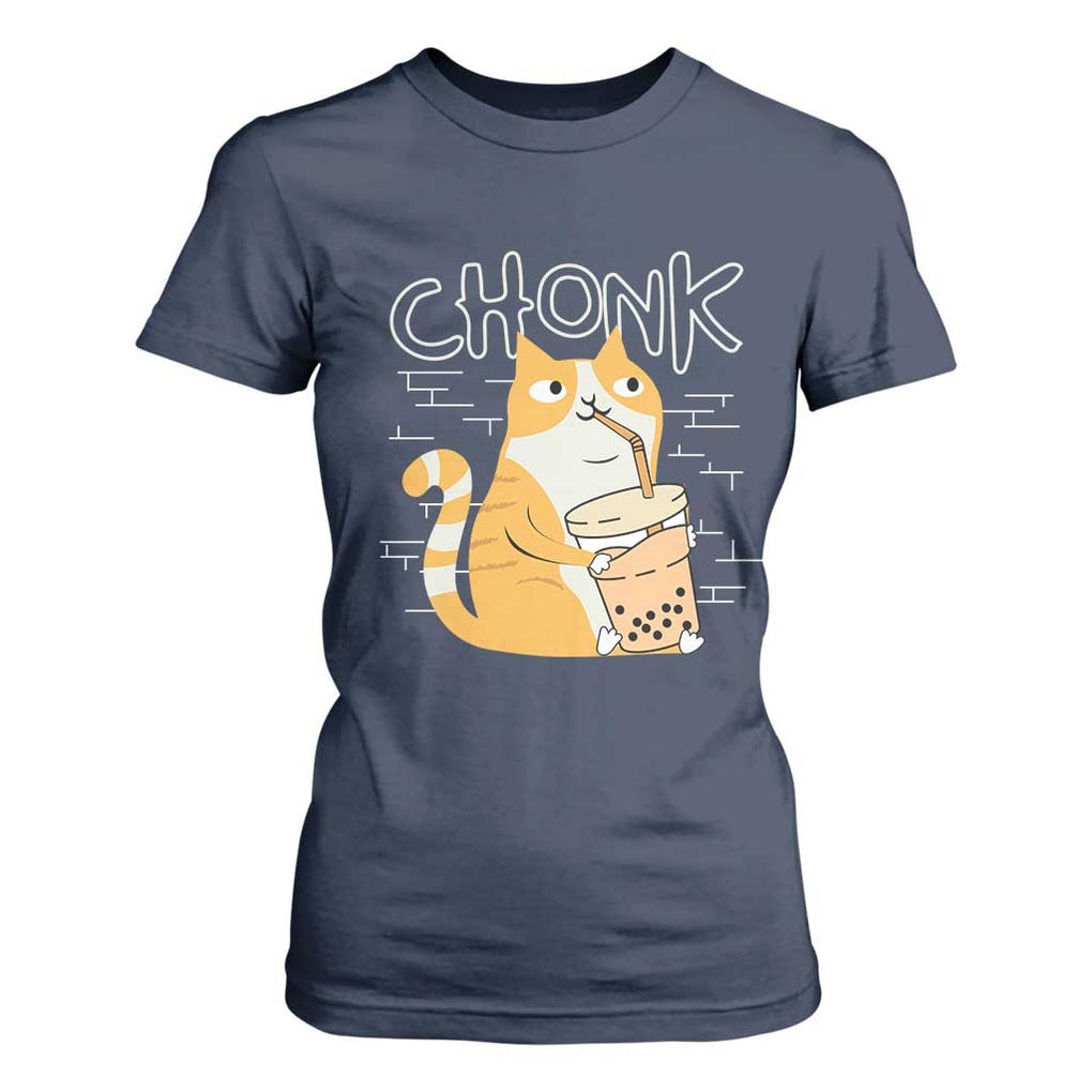 Funny Fat Cat T Shirt For Women Chonk Drinking Bubble Tea TS09 Navy Print Your Wear