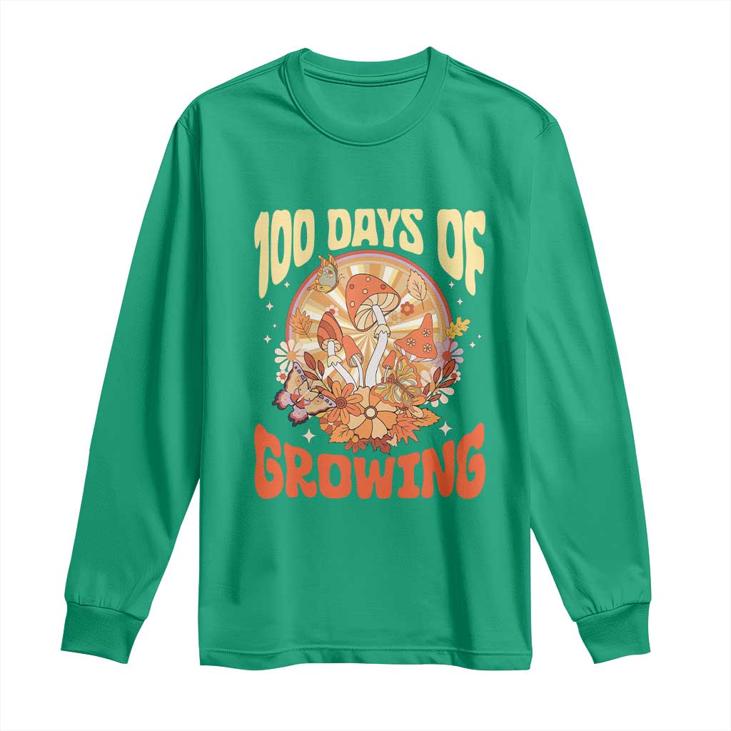 100th Day Of School Teacher Long Sleeve Shirt 100 Days Of Growing Retro Groovy Mushroom TS09 Irish Green Print Your Wear