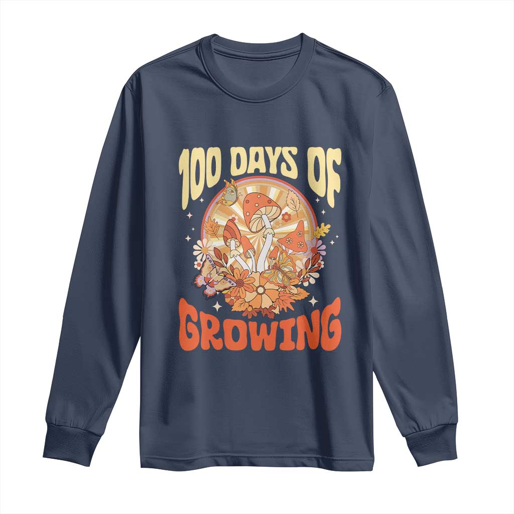 100th Day Of School Teacher Long Sleeve Shirt 100 Days Of Growing Retro Groovy Mushroom TS09 Navy Print Your Wear