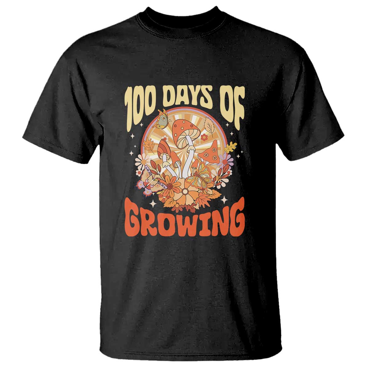 100th Day Of School Teacher T Shirt 100 Days Of Growing Retro Groovy Mushroom TS09 Black Print Your Wear