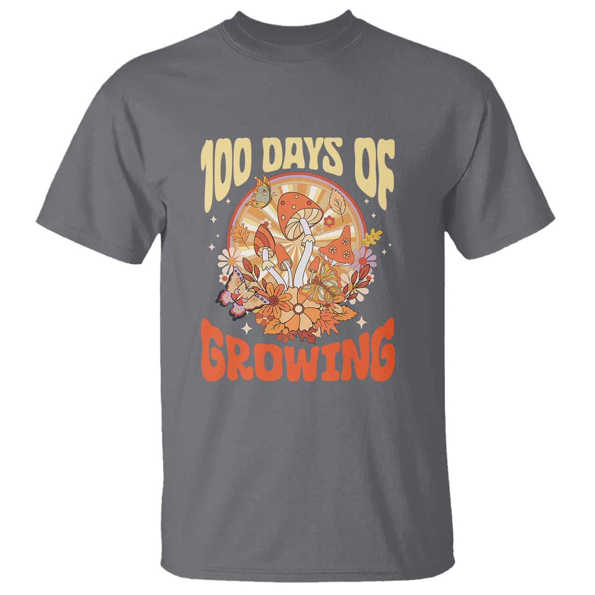 100th Day Of School Teacher T Shirt 100 Days Of Growing Retro Groovy Mushroom TS09 Charcoal Print Your Wear