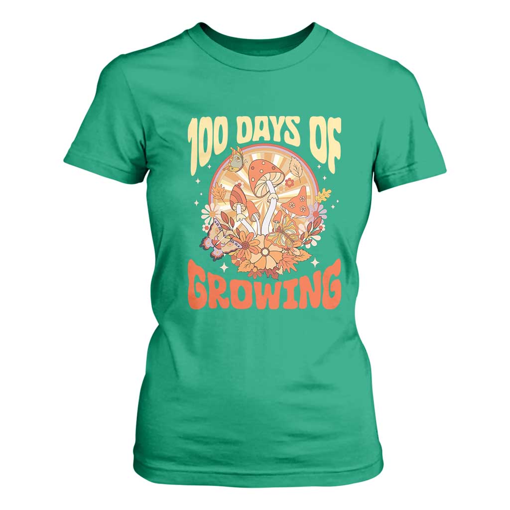 100th Day Of School Teacher T Shirt For Women 100 Days Of Growing Retro Groovy Mushroom TS09 Irish Green Print Your Wear