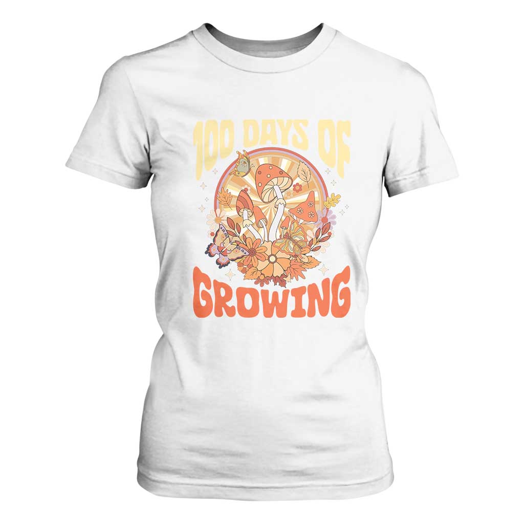 100th Day Of School Teacher T Shirt For Women 100 Days Of Growing Retro Groovy Mushroom TS09 White Print Your Wear