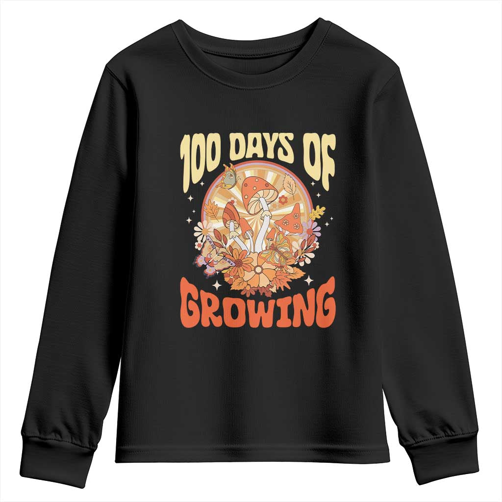 100th Day Of School Teacher Youth Sweatshirt 100 Days Of Growing Retro Groovy Mushroom TS09 Black Print Your Wear