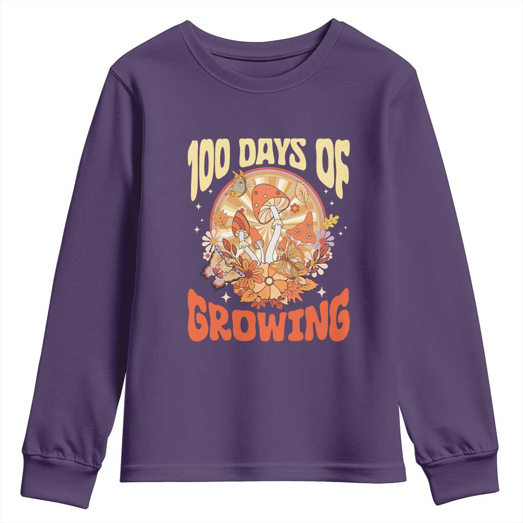 100th Day Of School Teacher Youth Sweatshirt 100 Days Of Growing Retro Groovy Mushroom TS09 Purple Print Your Wear
