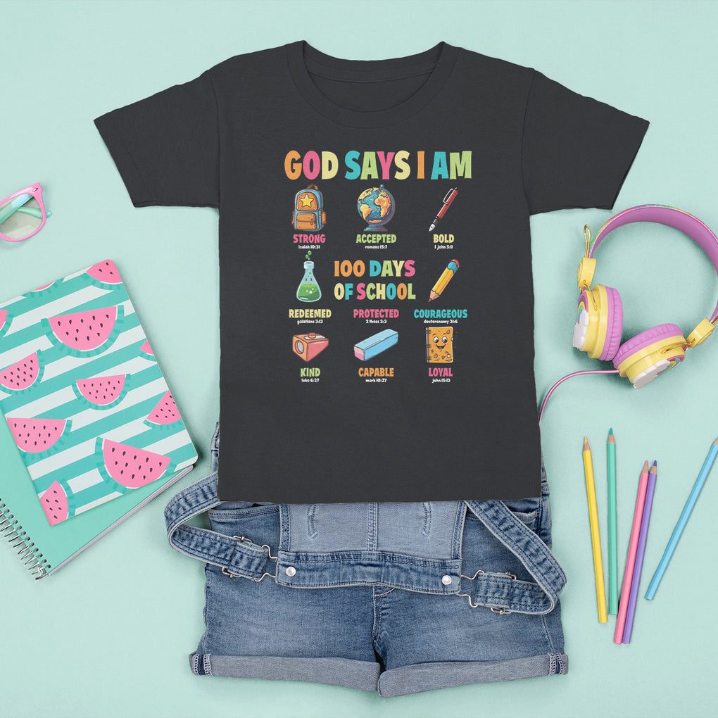 God Says I Am 100 Days Of School Christ T Shirt For Kid TS09 Black Printyourwear