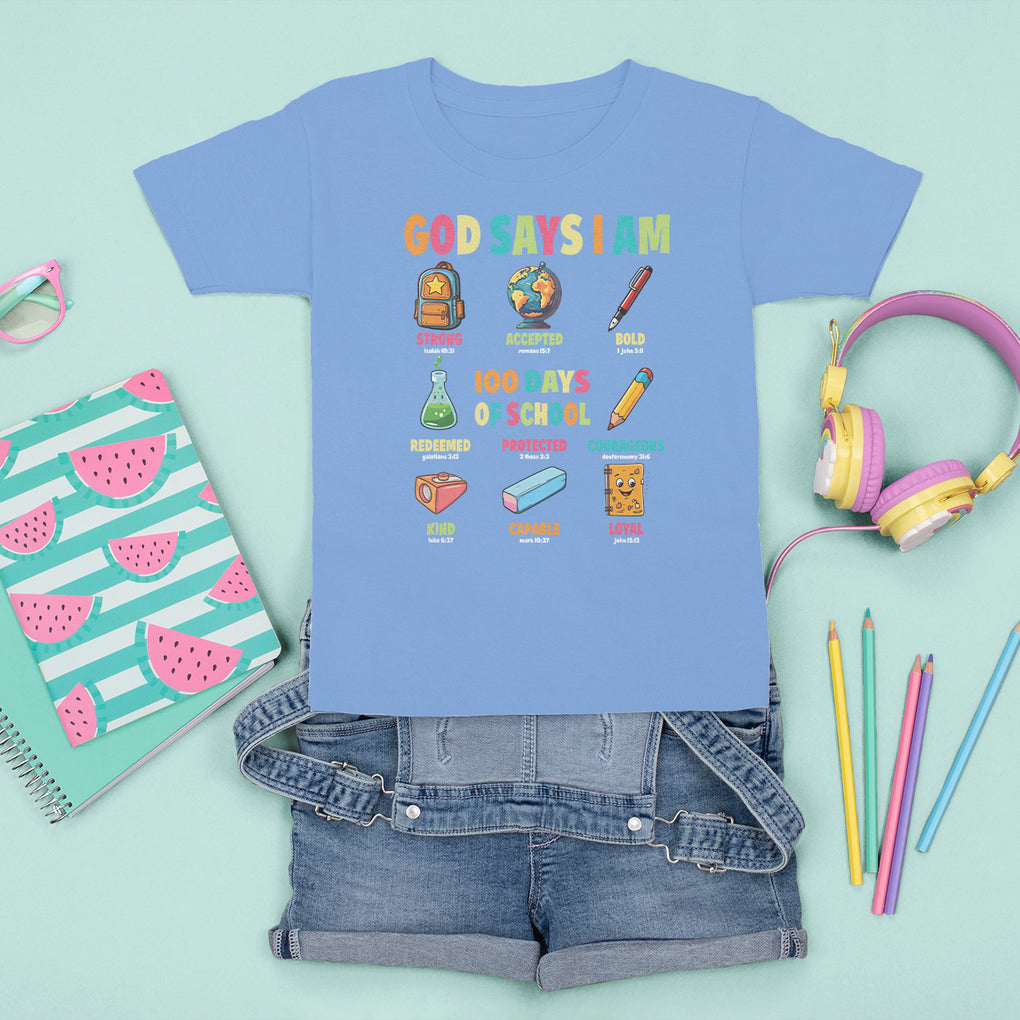 God Says I Am 100 Days Of School Christ T Shirt For Kid TS09 Carolina Blue Printyourwear