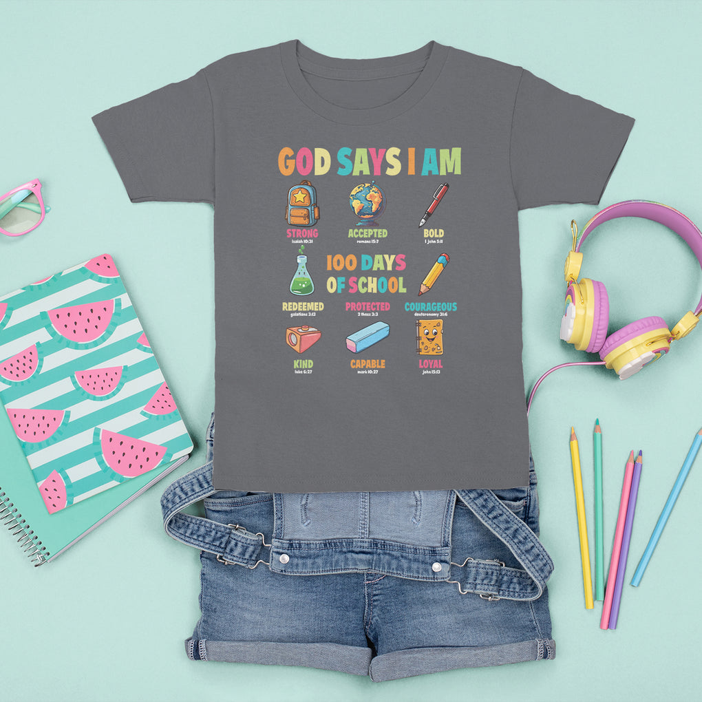 God Says I Am 100 Days Of School Christ T Shirt For Kid TS09 Charcoal Printyourwear