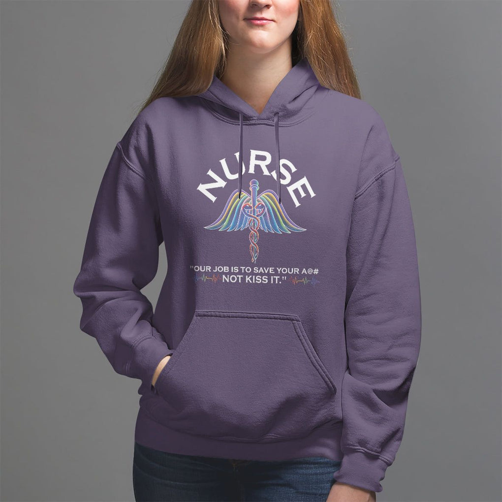 Funny Nurse Hoodie Our Job Is To Save Your A@# Not Kiss It - PrintYourWear Size: S Color: Purple