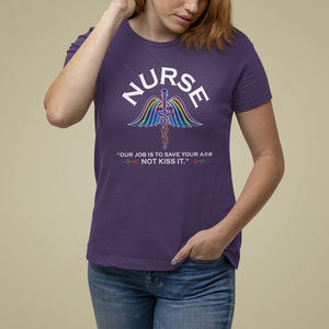 Funny Nurse T Shirt For Women Our Job Is To Save Your A@# Not Kiss It - PrintYourWear Size: S Color: Purple