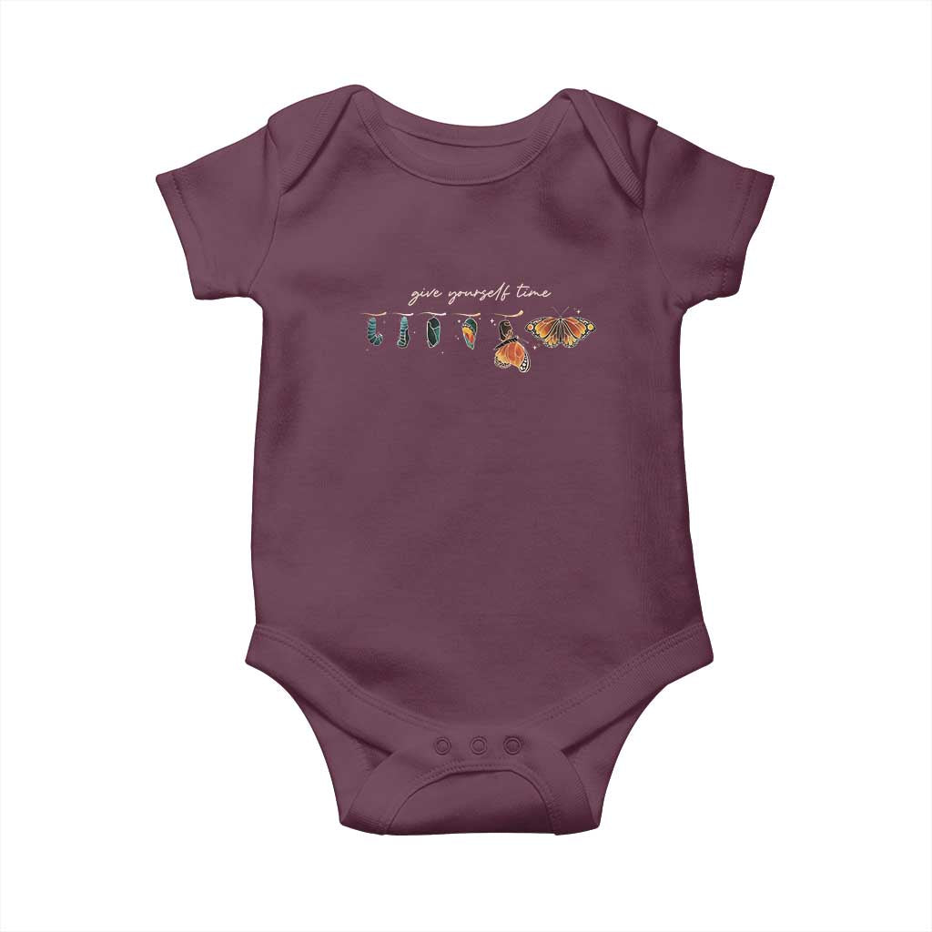Inspirational Quote Baby Onesie Give Yourself Time Butterfly Motivational TS09 Maroon Print Your Wear