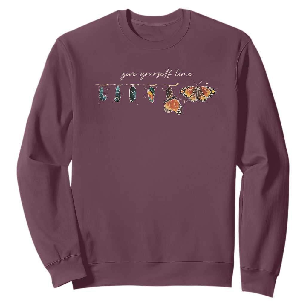 Inspirational Quote Sweatshirt Give Yourself Time Butterfly Motivational TS09 Maroon Print Your Wear
