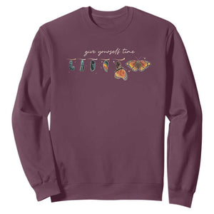 Inspirational Quote Sweatshirt Give Yourself Time Butterfly Motivational TS09 Maroon Print Your Wear