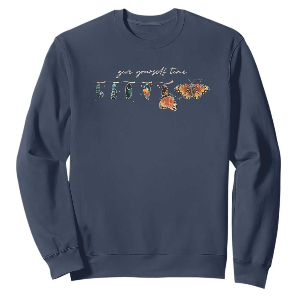 Inspirational Quote Sweatshirt Give Yourself Time Butterfly Motivational TS09 Navy Print Your Wear