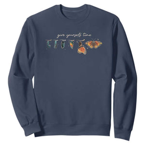 Inspirational Quote Sweatshirt Give Yourself Time Butterfly Motivational TS09 Navy Print Your Wear