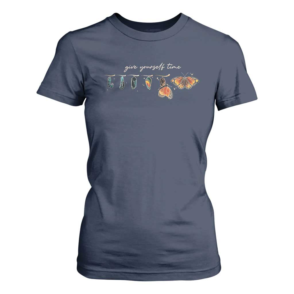 Inspirational Quote T Shirt For Women Give Yourself Time Butterfly Motivational TS09 Navy Print Your Wear