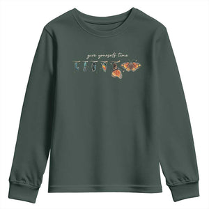 Inspirational Quote Youth Sweatshirt Give Yourself Time Butterfly Motivational TS09 Dark Forest Green Print Your Wear