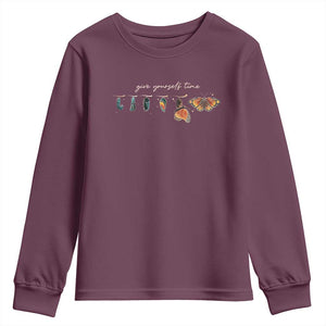 Inspirational Quote Youth Sweatshirt Give Yourself Time Butterfly Motivational TS09 Maroon Print Your Wear