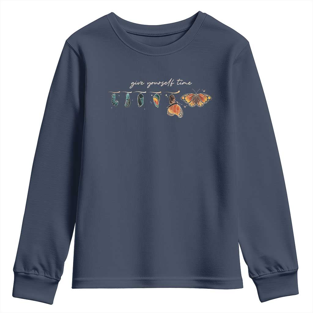 Inspirational Quote Youth Sweatshirt Give Yourself Time Butterfly Motivational TS09 Navy Print Your Wear