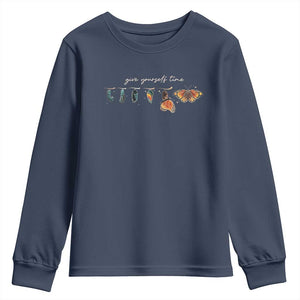 Inspirational Quote Youth Sweatshirt Give Yourself Time Butterfly Motivational TS09 Navy Print Your Wear