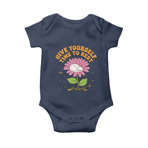 Give Yourself Time To Rest Baby Onesie Cute Cat Sleep Mental Health TS09 Navy Print Your Wear