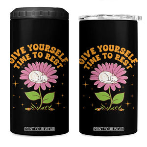 Give Yourself Time To Rest 4 in 1 Can Cooler Tumbler Cute Cat Sleep Mental Health TS09 One Size: 16 oz Black Print Your Wear