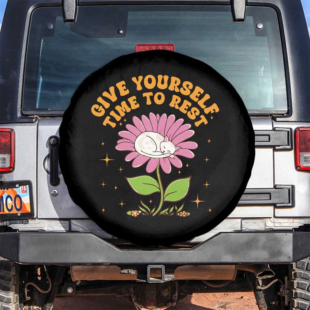 Give Yourself Time To Rest Spare Tire Cover Cute Cat Sleep Mental Health TS09 No hole Black Print Your Wear