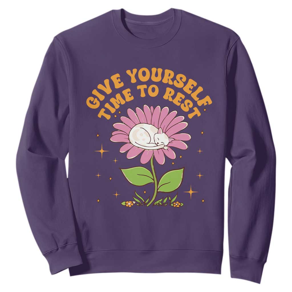Give Yourself Time To Rest Sweatshirt Cute Cat Sleep Mental Health TS09 Purple Print Your Wear