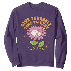 Give Yourself Time To Rest Sweatshirt Cute Cat Sleep Mental Health TS09 Purple Print Your Wear