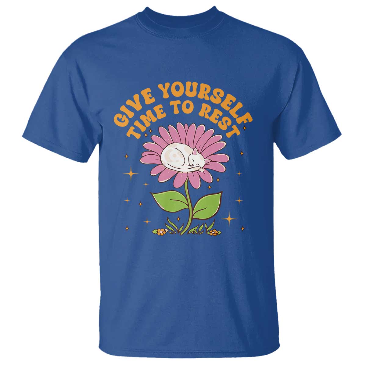 Give Yourself Time To Rest T Shirt Cute Cat Sleep Mental Health TS09 Royal Blue Print Your Wear