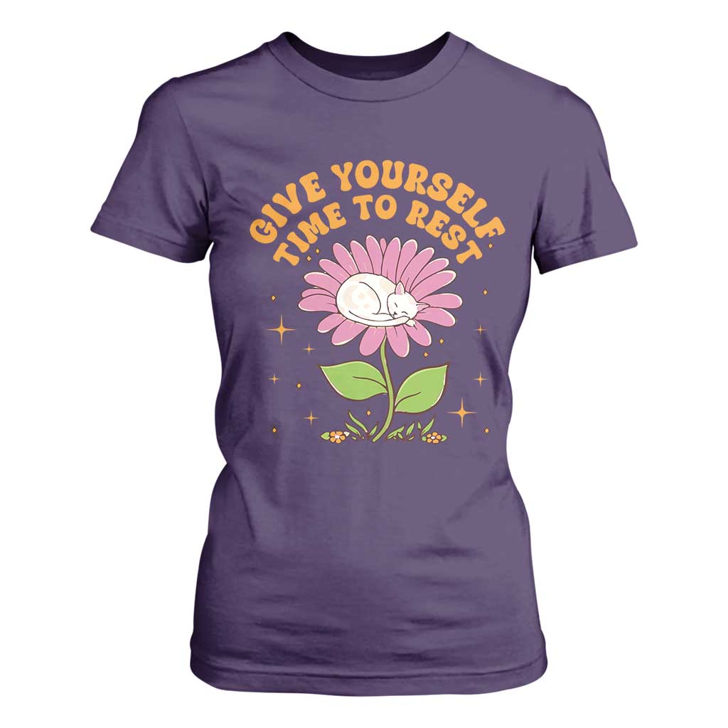 Give Yourself Time To Rest T Shirt For Women Cute Cat Sleep Mental Health TS09 Purple Print Your Wear