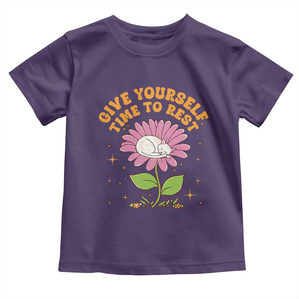 Give Yourself Time To Rest Toddler T Shirt Cute Cat Sleep Mental Health TS09 Purple Print Your Wear