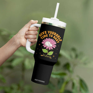 Give Yourself Time To Rest Tumbler With Handle Cute Cat Sleep Mental Health TS09 Print Your Wear
