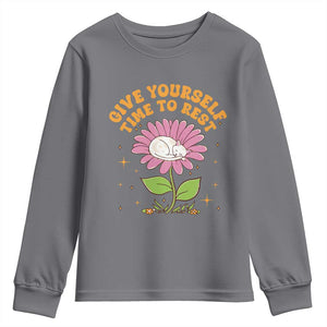 Give Yourself Time To Rest Youth Sweatshirt Cute Cat Sleep Mental Health TS09 Charcoal Print Your Wear
