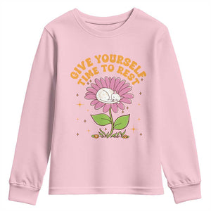 Give Yourself Time To Rest Youth Sweatshirt Cute Cat Sleep Mental Health TS09 Light Pink Print Your Wear