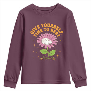 Give Yourself Time To Rest Youth Sweatshirt Cute Cat Sleep Mental Health TS09 Maroon Print Your Wear