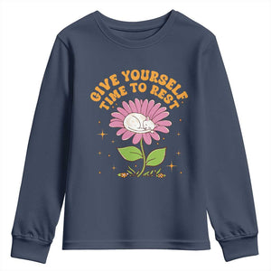 Give Yourself Time To Rest Youth Sweatshirt Cute Cat Sleep Mental Health TS09 Navy Print Your Wear